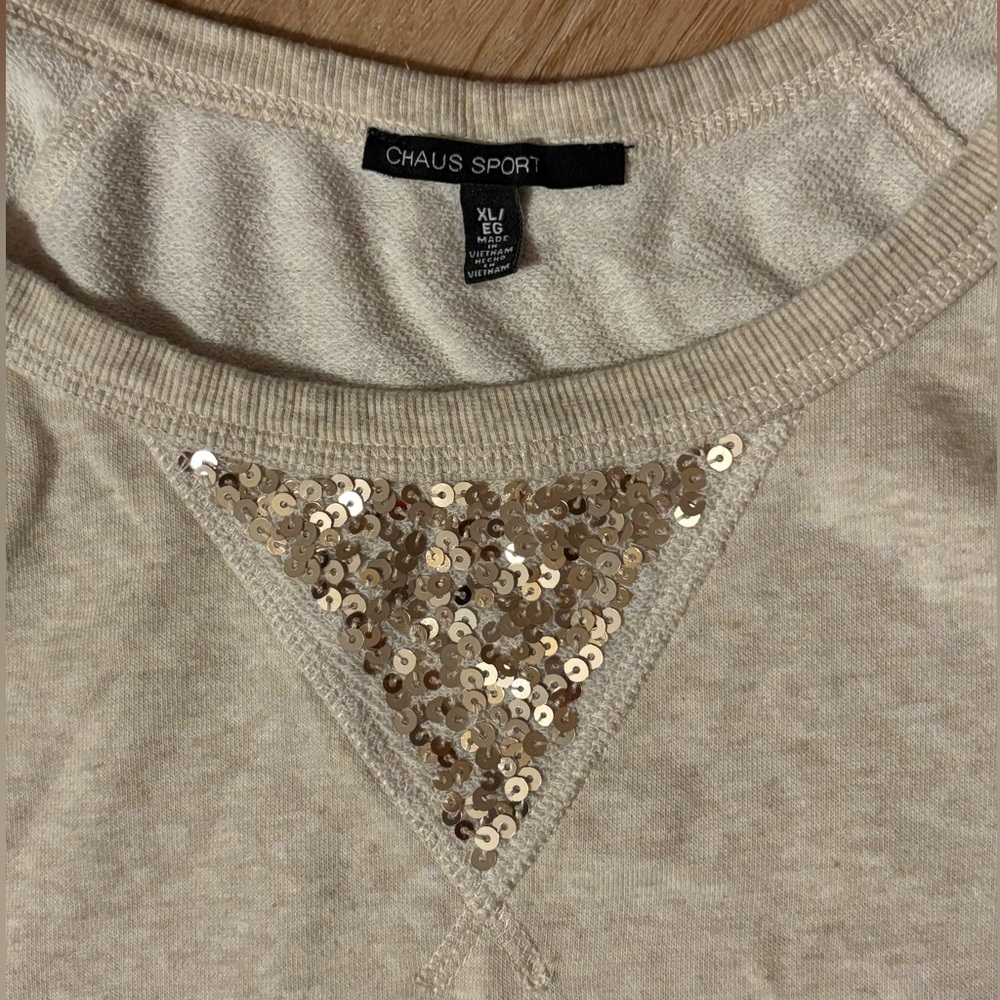 Cozycore Cabincore NORMCORE neutral XL sweatshirt w gold sequins  **2 for 20**